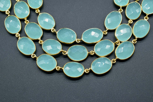 Aqua Chalcedony Oval Connector Chain,Chalcedony Gold Bezel Connector Chain,Oval Aqua Chalcedony Faceted Gemstone,Gold Plated Rosary Chain