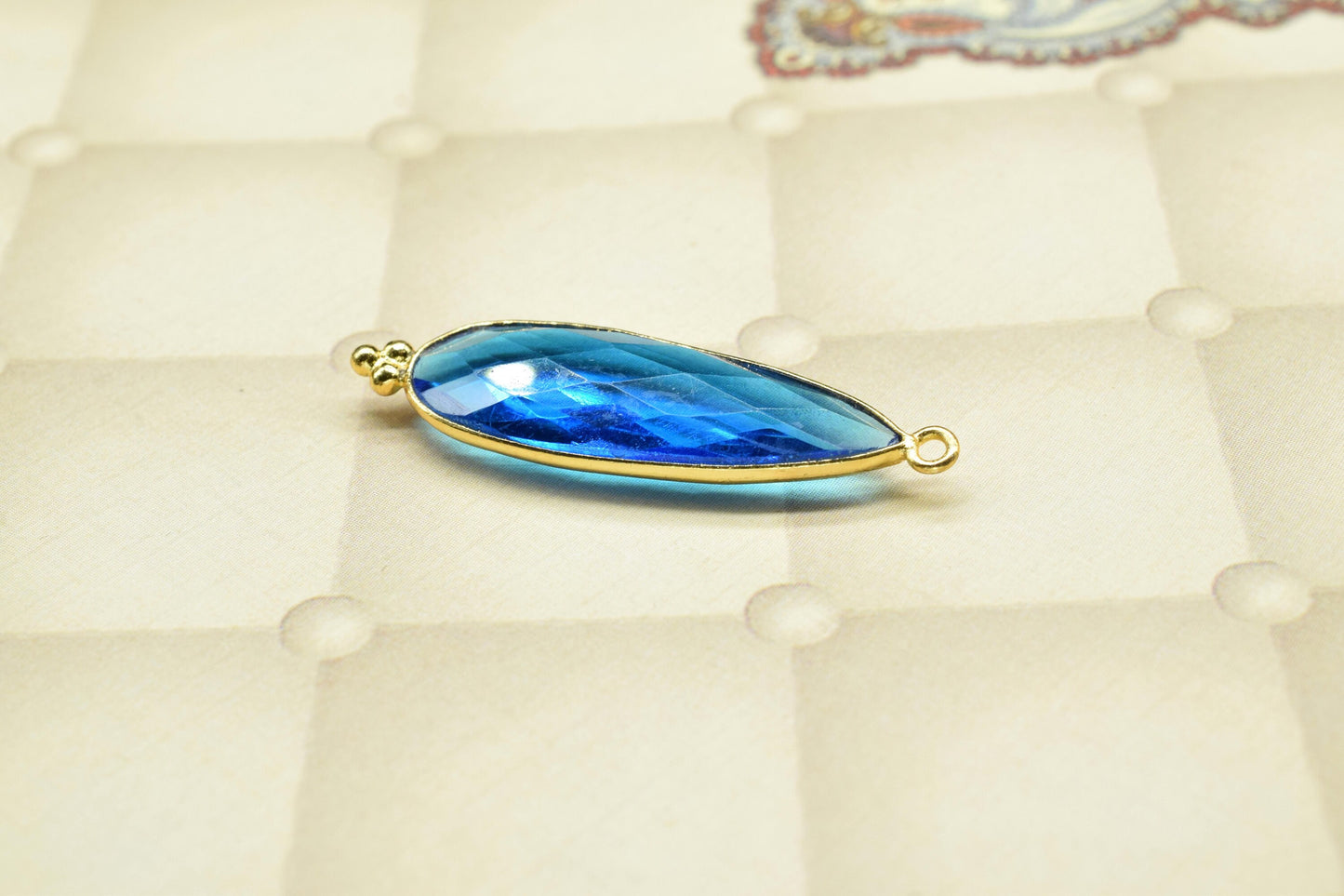 Blue Topaz 10x30mm Bezel charm,Blue Topaz Pendant,Station Bezel Link Supplies,Blue Topaz Jewelry Making,Connector Pendant,Gemstone Teardrop