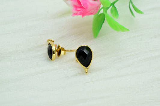 Black Onyx 7x10mm Teardrop shape Earring connector Stud post setting with loop open bail,Black Onyx Gold Plated Earring With Loop