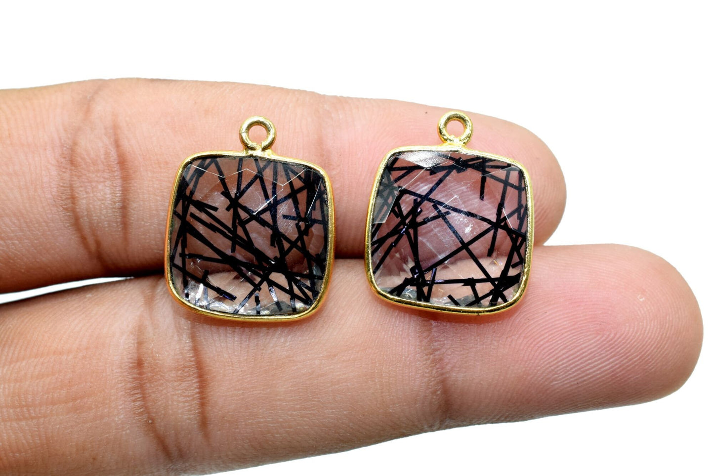 Black Rutile 14mm Cushion Bezel charm,Black Rutile Components Cushion Shape Connectors,Black Rutile Single Bail Over Brass Gold Edge Jewelry