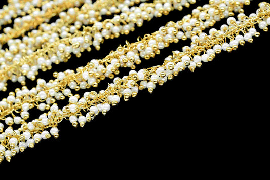 Pearl 2mm Cluster Rosary Chain,Gold Plated Chain,Wire Wrapped Chain,Jewelry Supply,Plain Pearl Beads Gold Plated dangling chain,grape chain