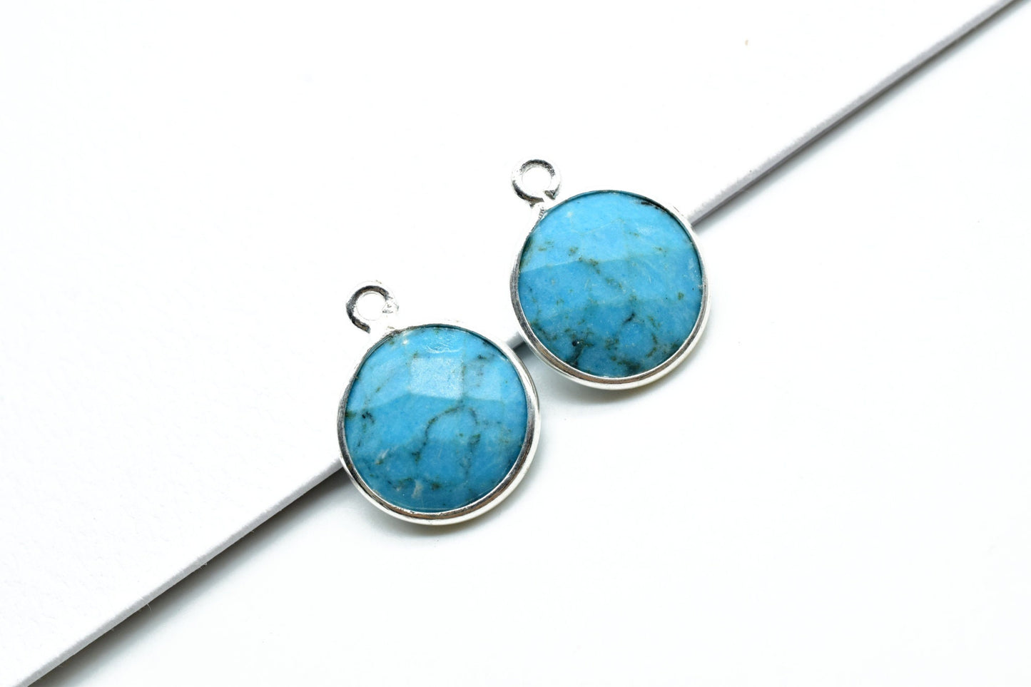 Natural Turquoise 12mm Round Single bail connectors,Turquoise Pendant,Faceted Turquoise bezel link,Gemstone Charm,Gemstone Pendant, charms