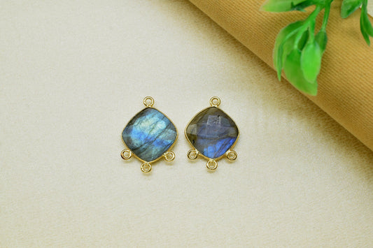 Labradorite single Bail connectors,Labradorite Brass Gold Plated bezels Pendants,Blue Flash Labradorite 14mm cushion shape Charms Pendant