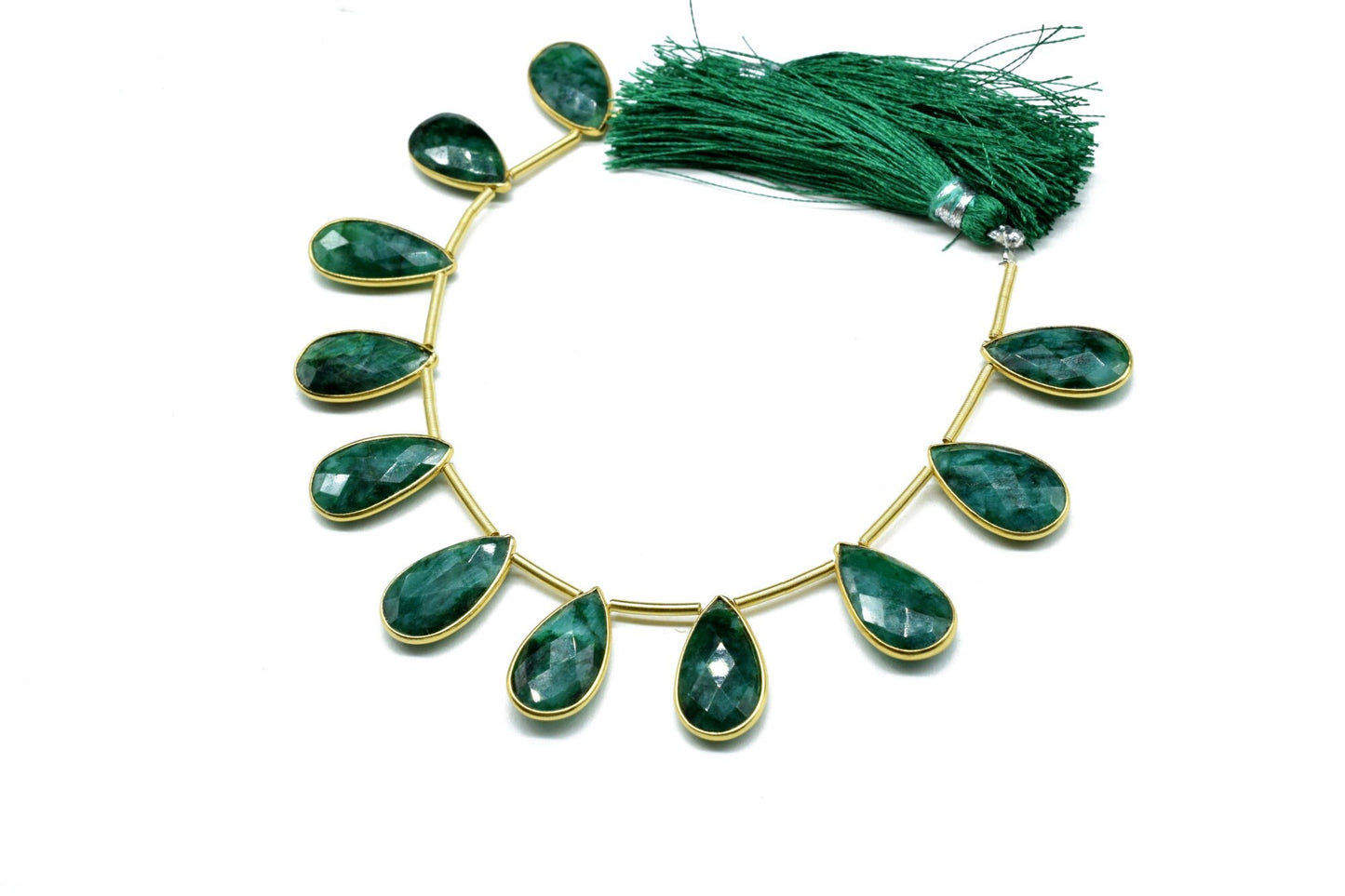 Emerald Side to Side Drilled chrams,Faceted Teardrop Gold Bezel Rim,pendant,earring findings,Emerald connector,Gemstone drilled bezel strand