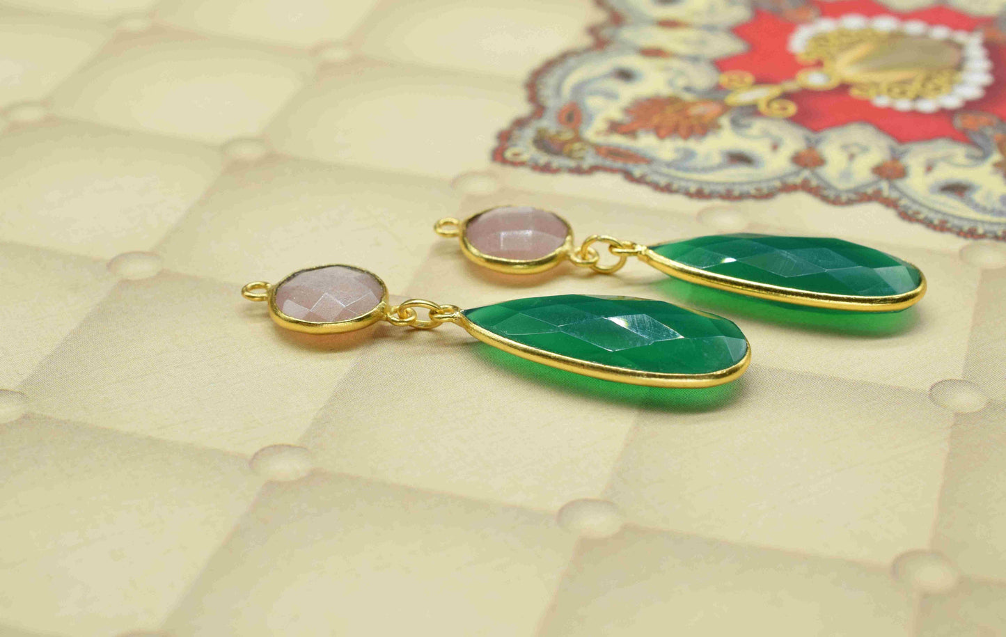 Green Onyx Dangle pendant Charm,Multi Gemstone Dangle Earring,Peach Moonstone pendant Connector,Handmade Station Link,Component Jewelry Gift