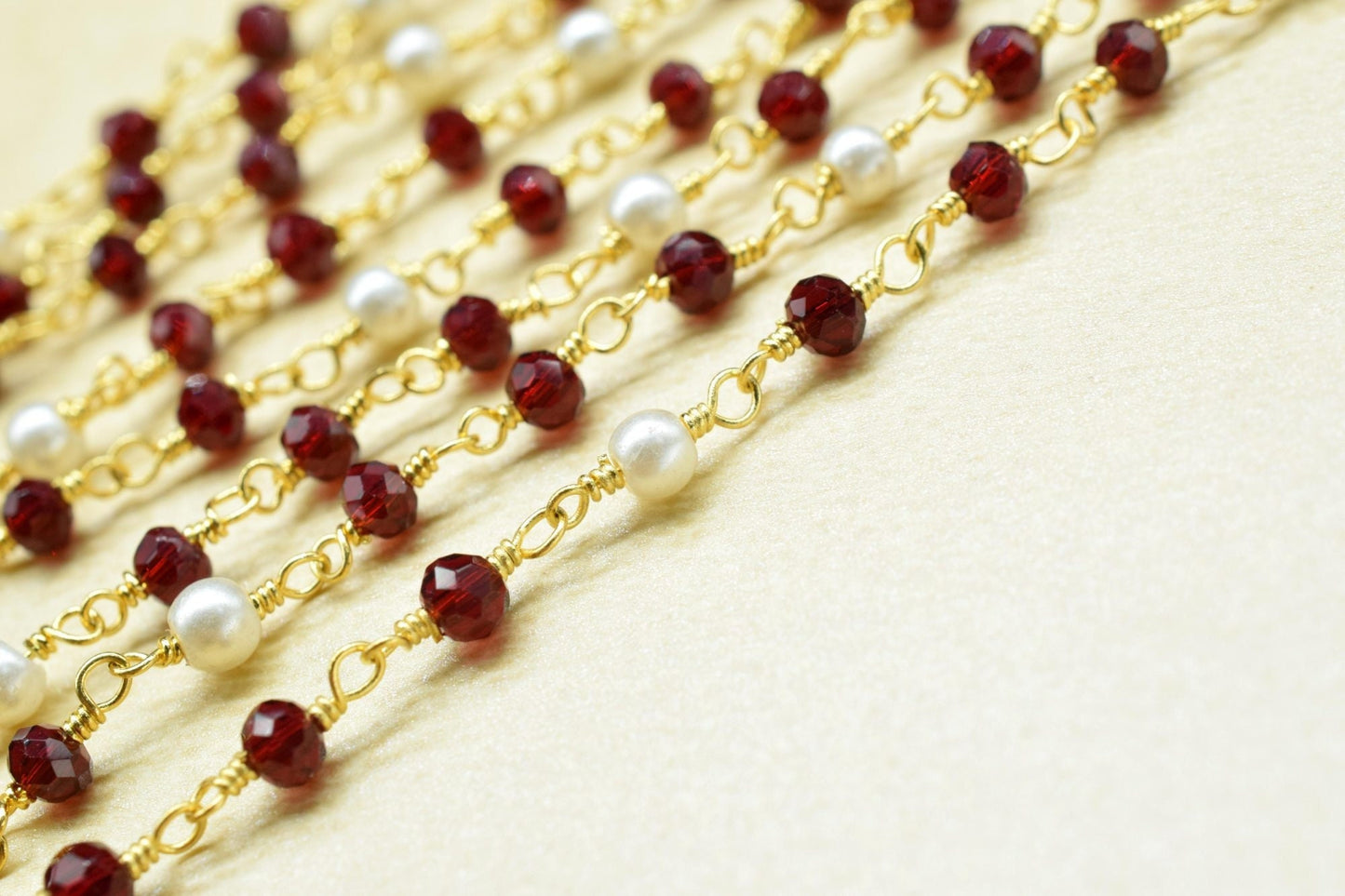 Garnet Hydro Faceted Rondelle Beaded Rosary Chain,Jewelery Making Craft,Finding Chain,Pearl Wire Wrap Rosary Chain,Gold Plated Rosary Chain