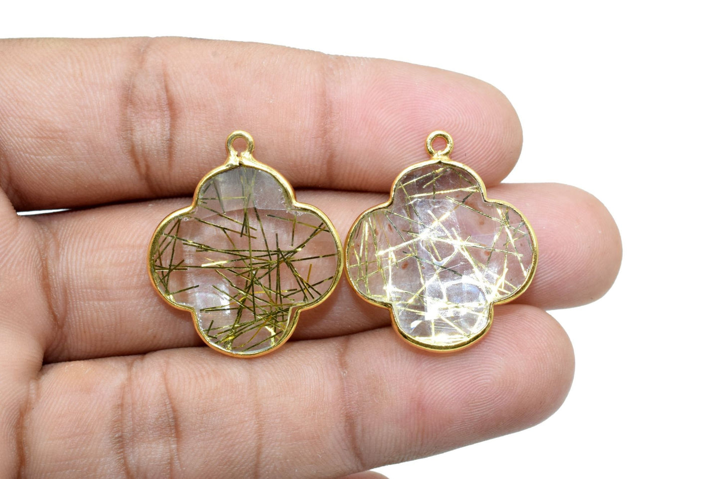 Gold Rutile 20mm Clover Shape Connector,Gold Plated SingleBail Gemstone Connector Gold Rutile Clover Briolette,Gold Rutile Clover Stone Link