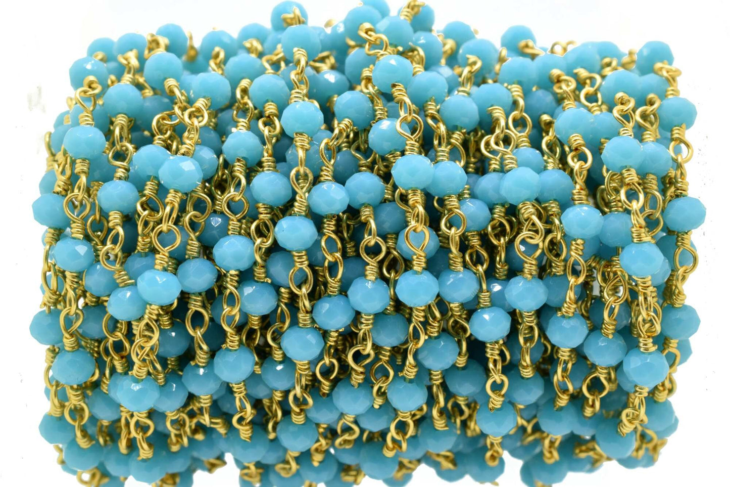 Turquoise Agate 3mm Beaded Chain,Turquoise Faceted Beads Wire Wrapped Chain,Brass chains,Jewelry Making Chain,Turquoise Beads rosary Chain