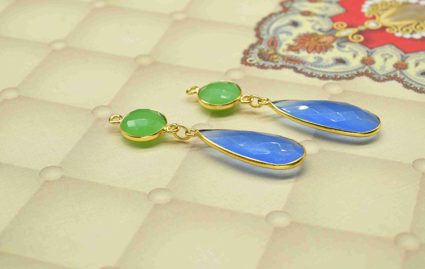 Blue Chalcedony Dangle pendant Charms,Multi Gemstone Dangle Earring,Chrysoprase pendant Connector,Handmade Station Bezel Link,Component Gift