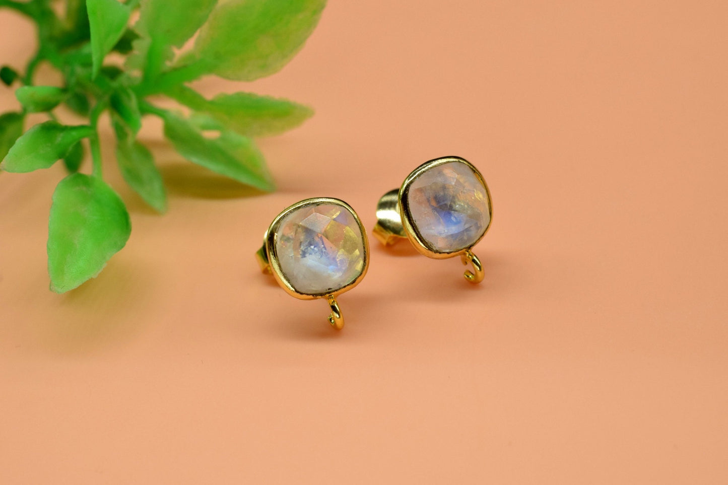 Moonstone 8mm Cushion Earring Connector,Jewelry Craft Supplies,Moonstone connectors post stud,Jewelry,Cushion Stud Connector,Jewelry Finding