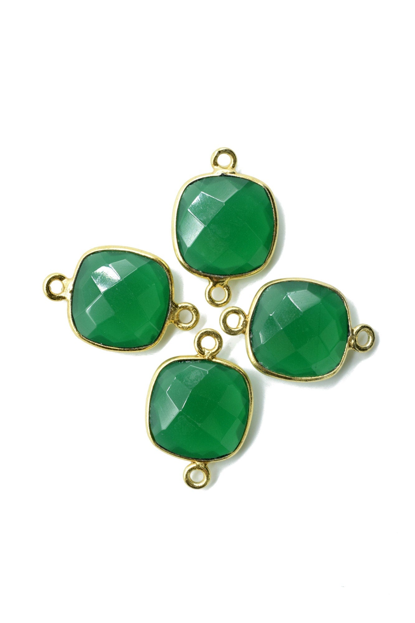 Green Onyx 12mm cushion shape Double bail Connector,Faceted Cushion Shape Connector,Double Bail Gold Plated Bezel, Making Jewelry Supplies,