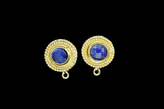 Blue Sapphire Gemstone Earring/Sapphire Round Earring/Designer Bezel Earring/Gold Plated Jewelry/Handmade Jewelry/Earring Connector/Gift
