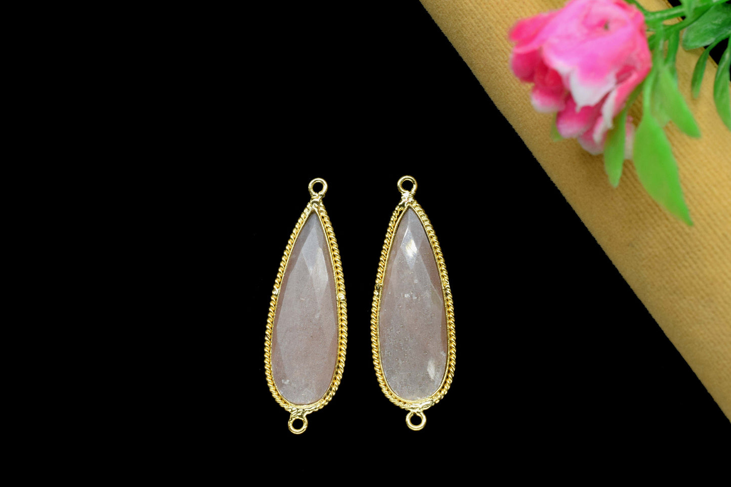 Peach Moonstone Faceted 10x30mm Teardrop Charms,Peach Moonstone Pendant Jewelry,Peach Moonstone Double Bail Bezel,Brass Gold Plated bezel