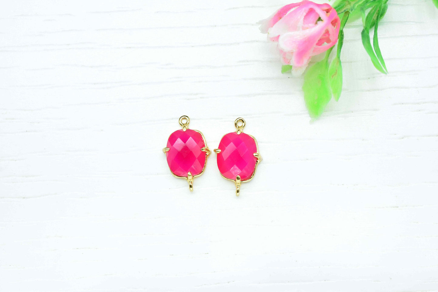 Pink chalcedony Prong Connector,double bail connector,Hot jewelry,Handmade Gemstone Bezel,Fuchsia Pink Cushion Bezel Connector Jewelry