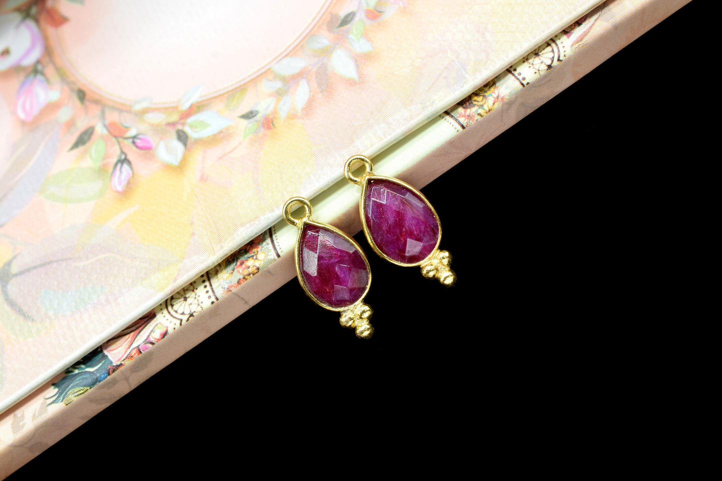 Ruby Faceted beads 7x10mm Pear Shape Connectors,Ruby Charms Gold Plated Link Pendant Jewelry,Ruby Gemstone Handmade Connector Jewelry,Gift