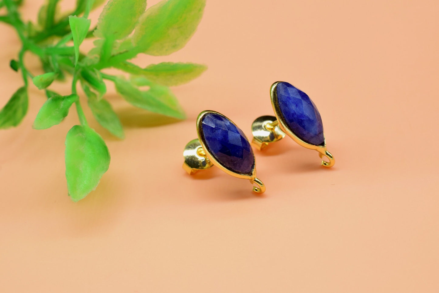 Blue Sapphire 6x12mm marquise Earring Connector,Jewelry Making,Blue Sapphire post stud,Gold Plated Earring Connector,Shape Earring Connector