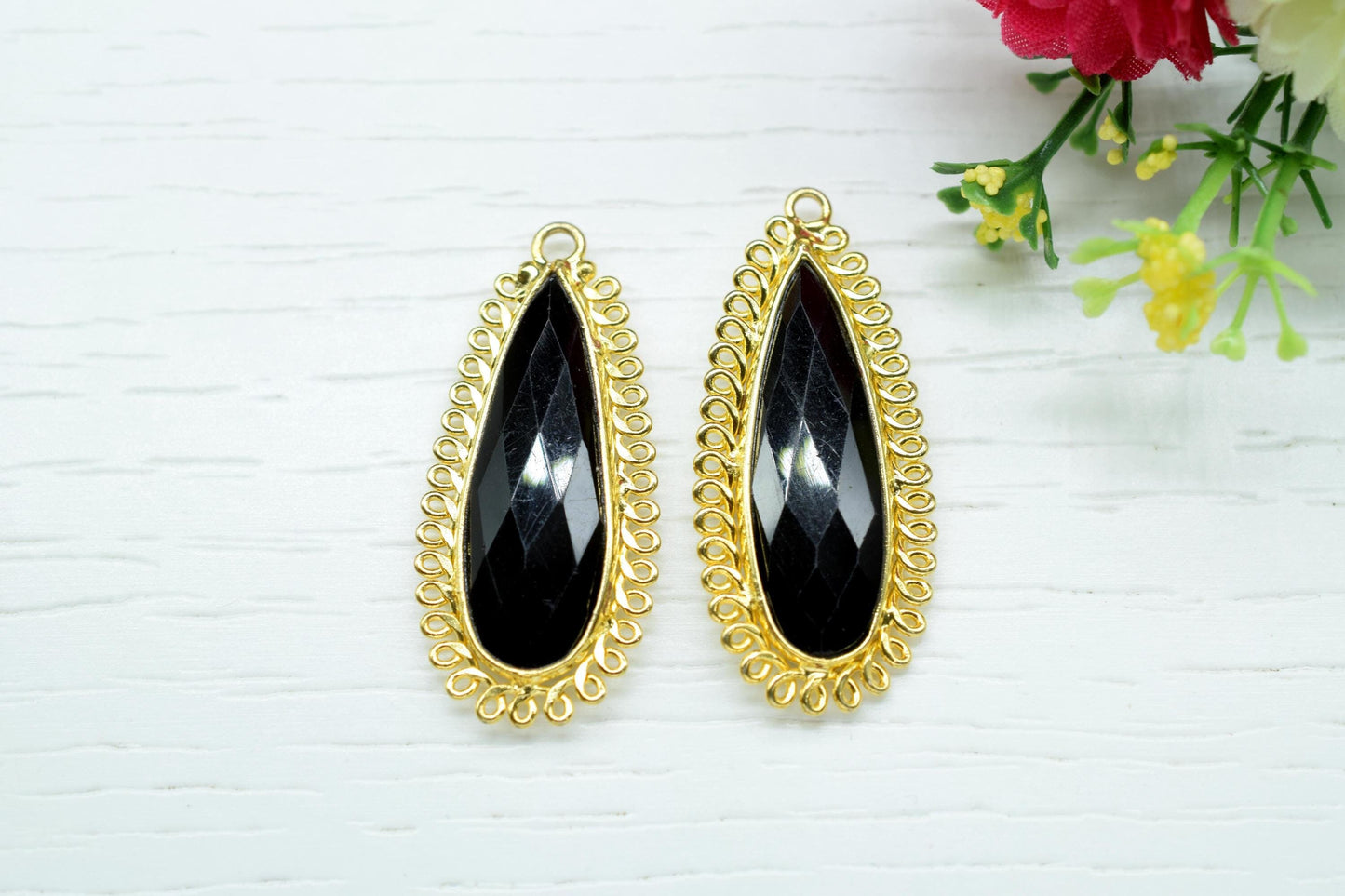Black Onyx 10x30mm Teardrop Bezel Charm,Single Bail Pendant,Handmade Jewellery Connectors,Gemstone Brass Component,Handmade Connector,Gift