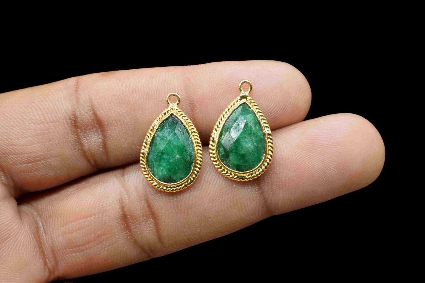 Emerald 9x13mm Gemstone Connector,Pear Shape Bezel,Emerald Gemstone Single Bail Connectors Jewelry,Gold Plated Charms Connectors,Charms Gift