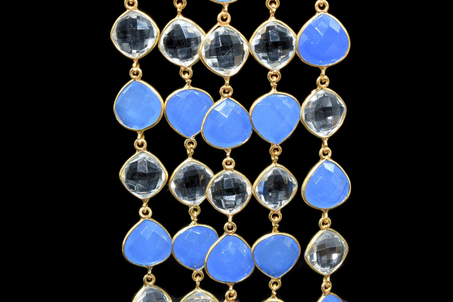 Blue chalcedony & Crystal Bezel Chain I Handmade Bezel Link Chain I Chalcedony Gold Plated Bezel Chain,,Gemstone Connector Chain Per Foot