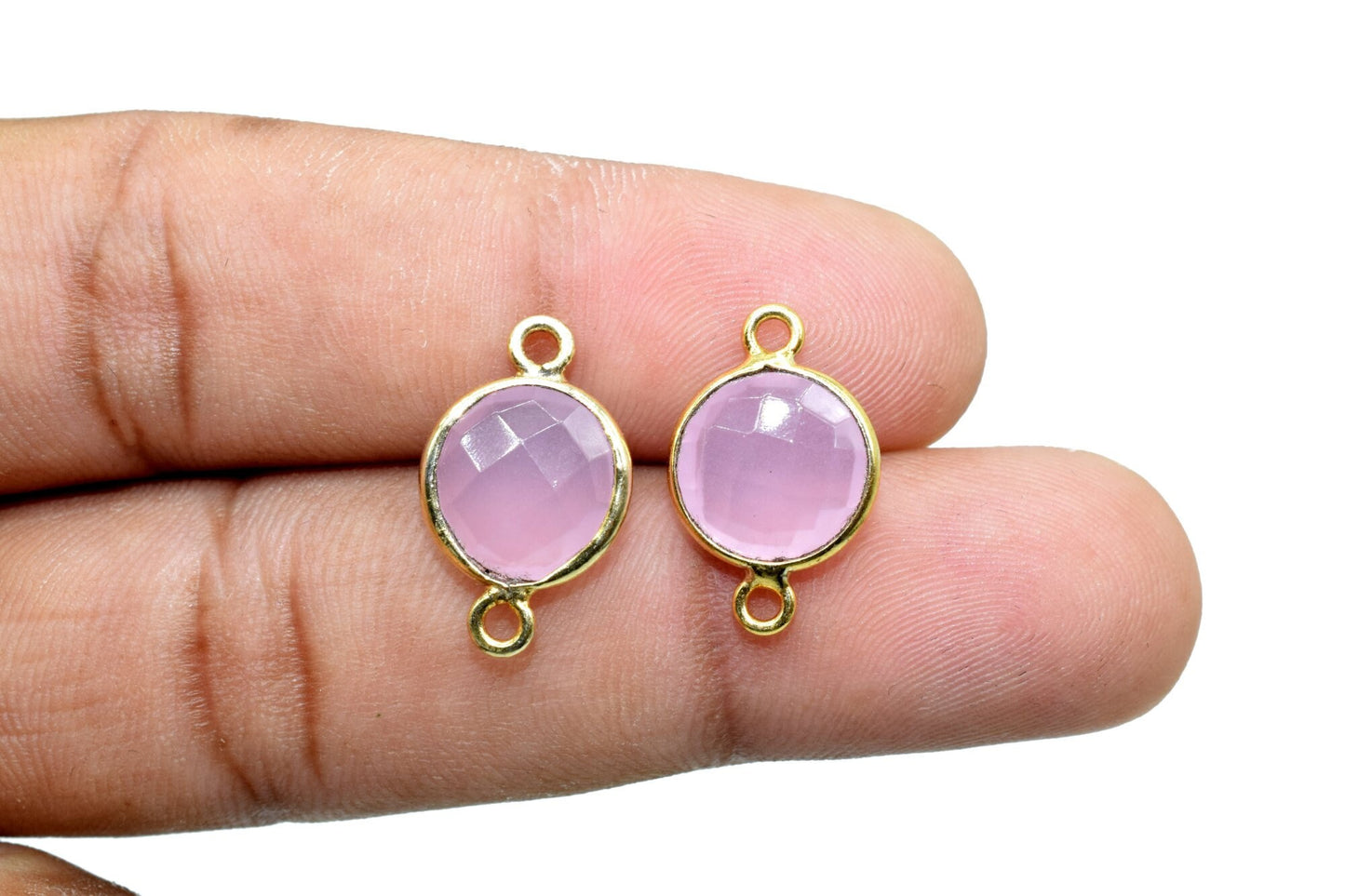 Pink Chalcedony 10mm Round double bail connectors,Pink Chalcedony Gold Plated Gemstone Bezel Connector,Pink chalcedony Double Loop connector