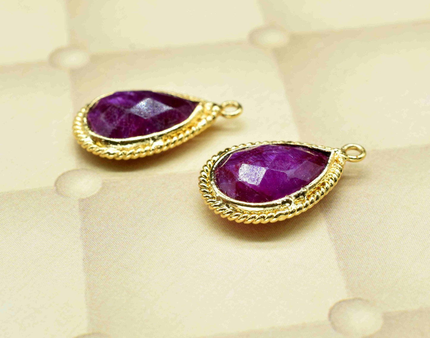 Ruby Teardrop Shape Connector,Gold Plated Link Connectors,Ruby 9x13mm Bezel Charms Connectors,Handmade Connector Jewelry,Ruby Charms Jewelry