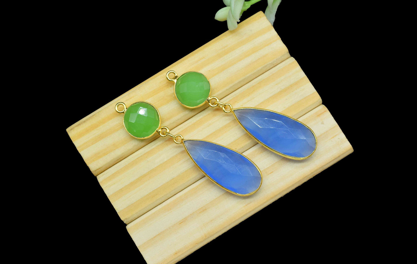 Blue Chalcedony Dangle pendant Charms,Multi Gemstone Dangle Earring,Chrysoprase pendant Connector,Handmade Station Bezel Link,Component Gift