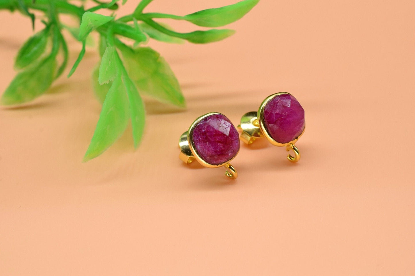 8mm Cushion Ruby Earring Connector,Jewelry Craft Supplies,Ruby connectors post stud,DIY Jewelry,Bezel Frame Connector,Ruby Earring Finding