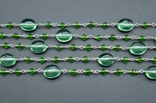 Green chalcedony Smooth Oval Shape Chain, Silver Wire Plated Rosary Beaded Chain,Chain Per Foot,Gemstone Beads,Topaz Rosary Beaded Chain