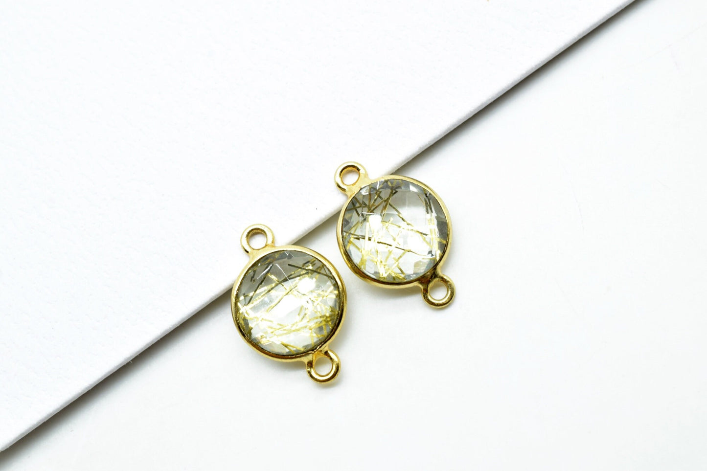 Golden Rutile 10mm Round double bail connectors,Golden Rutile Round Gold Plated bezel,Jewelry making charms,Golden Rutile Brass connectors,