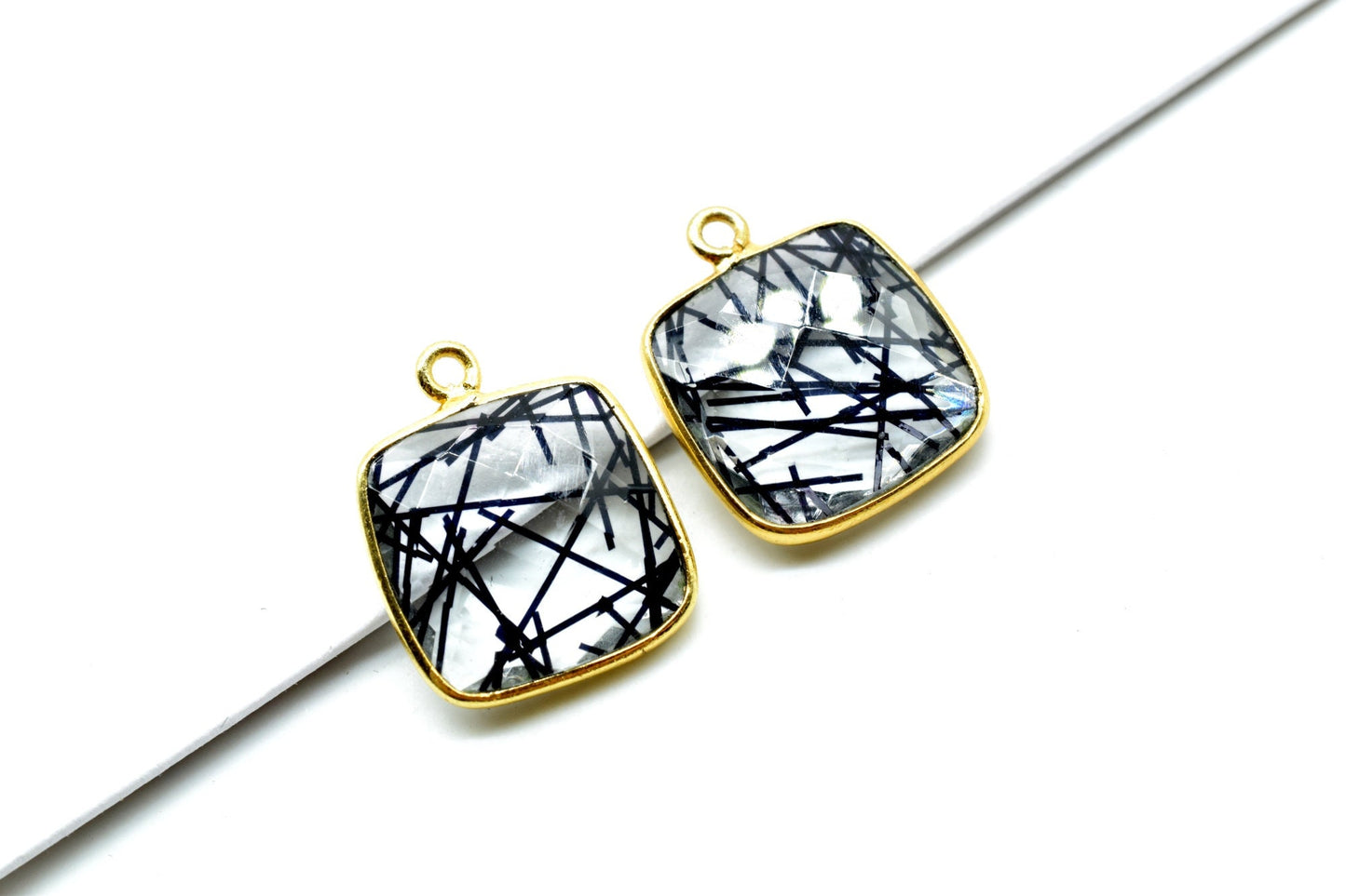 Black Rutile 14mm Cushion Bezel charm,Black Rutile Components Cushion Shape Connectors,Black Rutile Single Bail Over Brass Gold Edge Jewelry