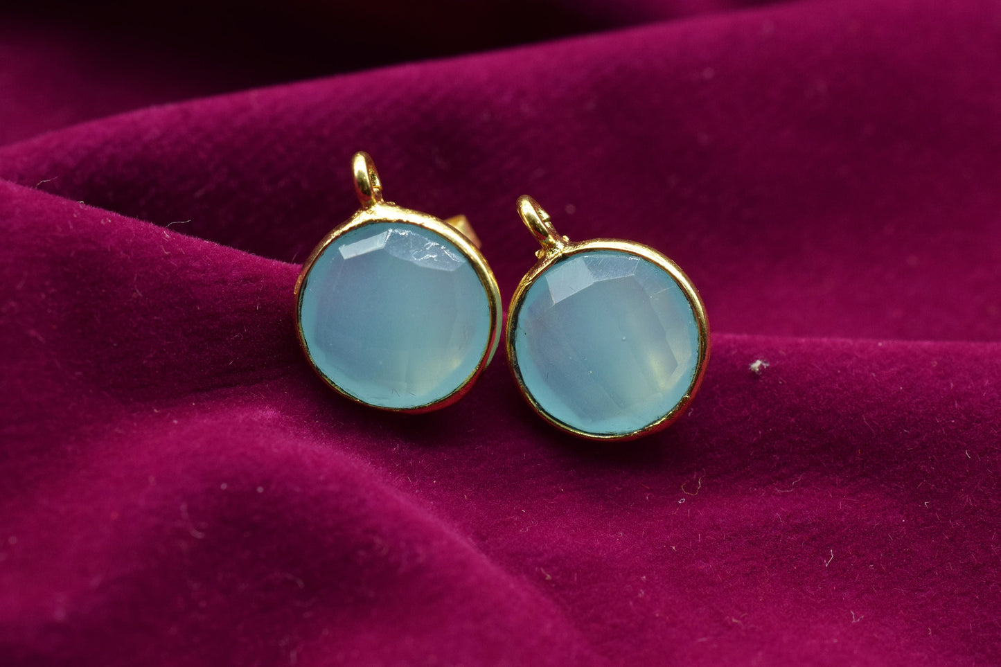 Aqua Chalcedony 10mm Earring connector Stud post setting with loop hoop open bail,Hot Aqua Chalcedony Round Gold Plated Earring With Loops