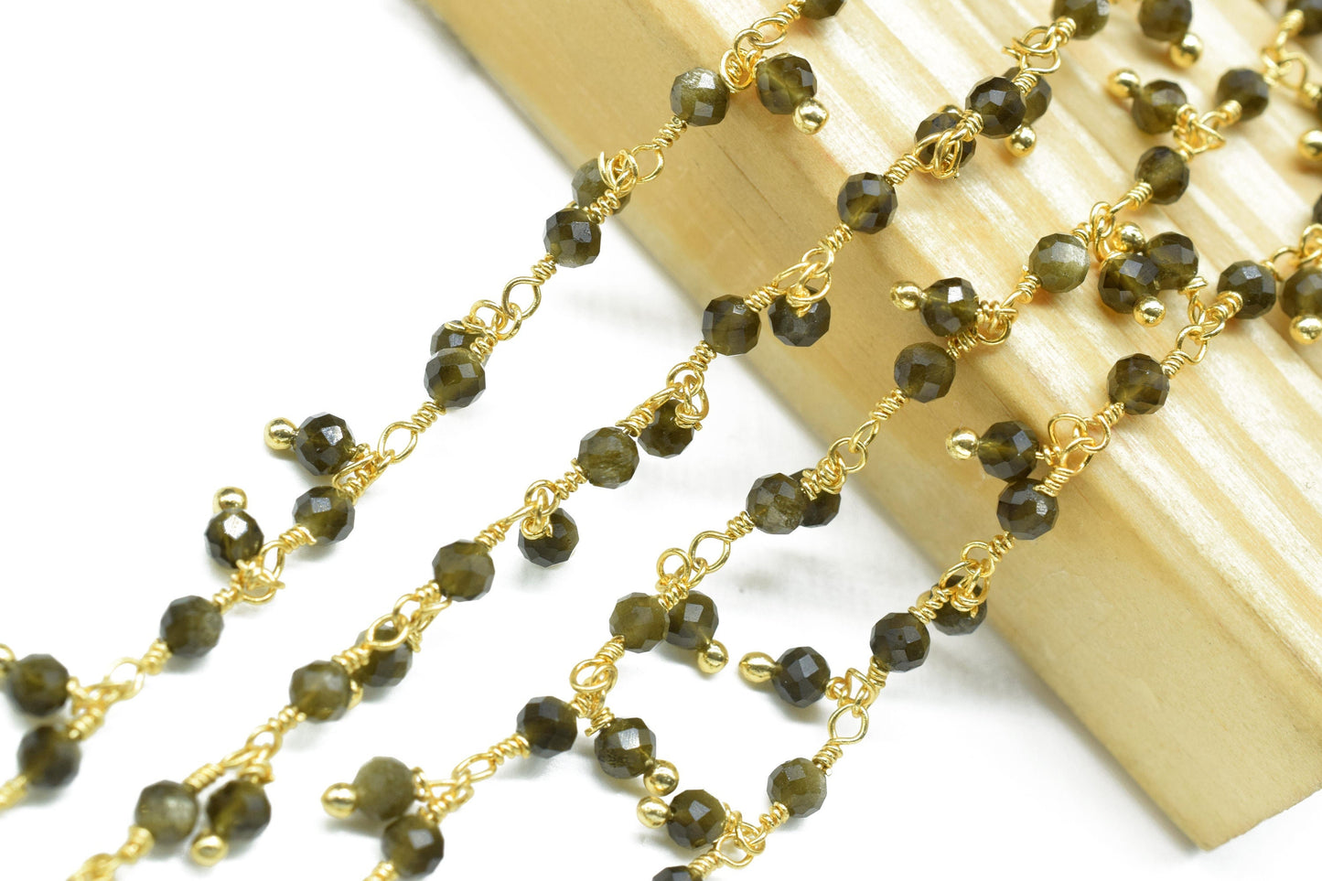 Green Cats Eye beaded Chain,Gemstone Rosary Chain,Wire Wrapped Necklace Chain,Green Cats Eye Cluster Rosary,Handmade Dangling Bead Jewelry