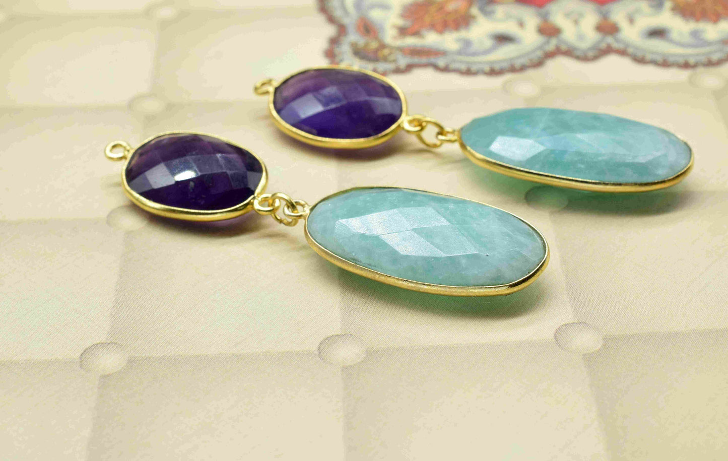 Amazonite Dangle pendants,Station Bezel Link,Amethyst  pendant Charms,Component pendant,Multi Gemstone Connectors,Handmade Bezel Jewelry