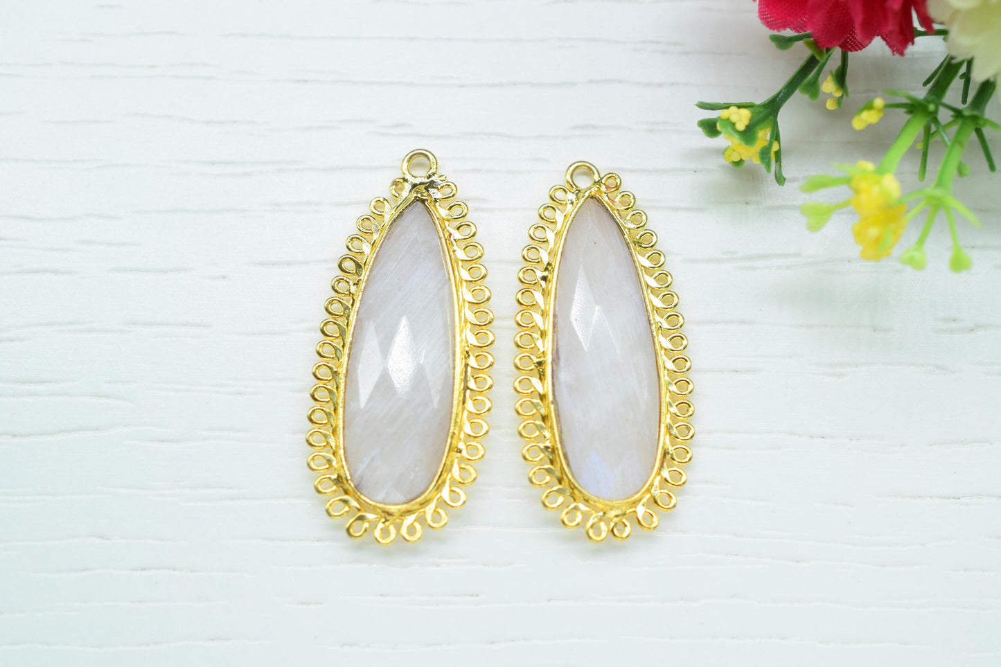 Moonstone 10x30mm Teardrop Bezel Charm,Single Bail Pendant,Handmade Jewellery Connectors,Gemstone Brass Component,Handmade Connector,Gift