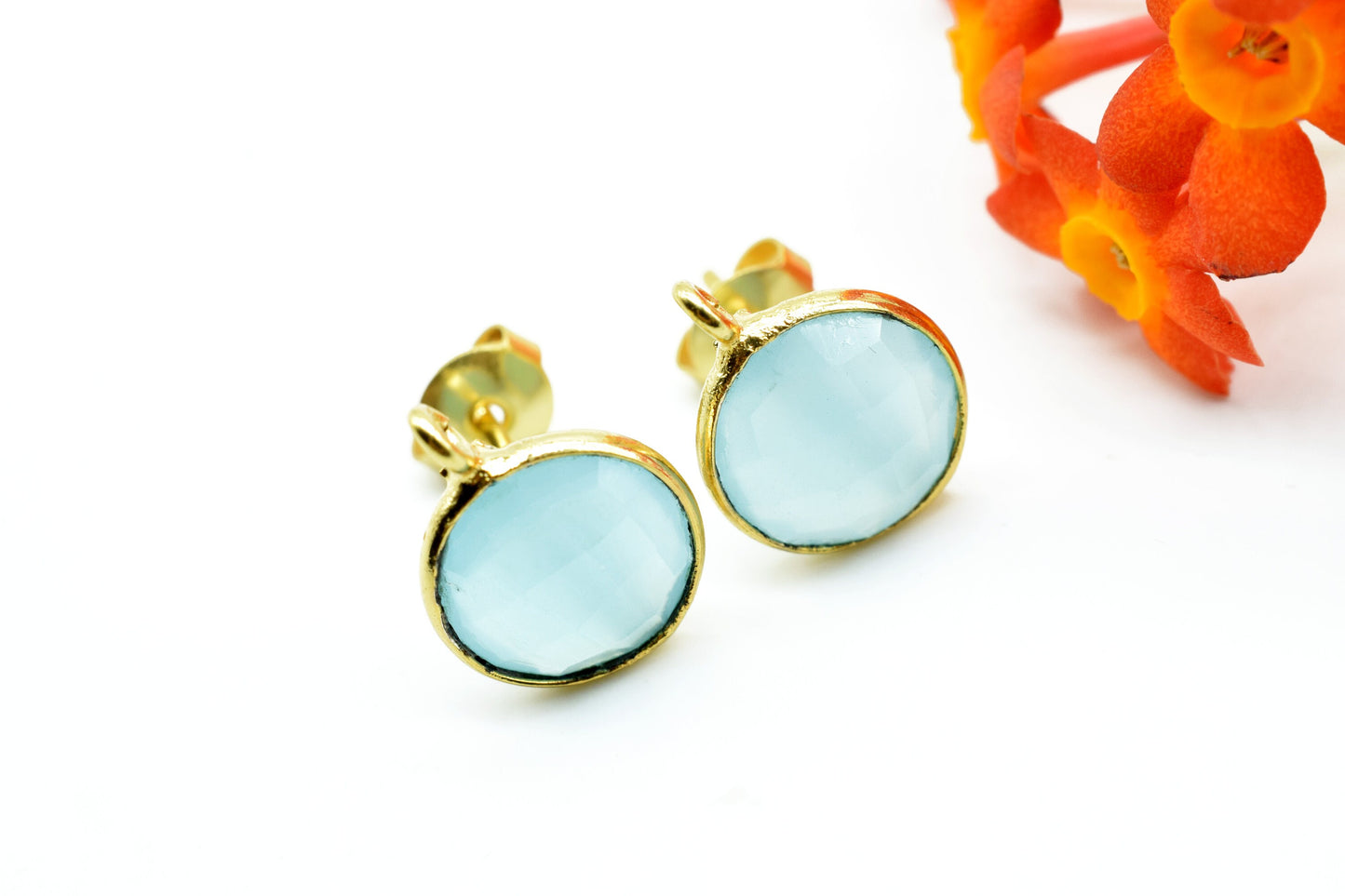 Aqua Chalcedony 10mm Earring connector Stud post setting with loop hoop open bail,Hot Aqua Chalcedony Round Gold Plated Earring With Loops