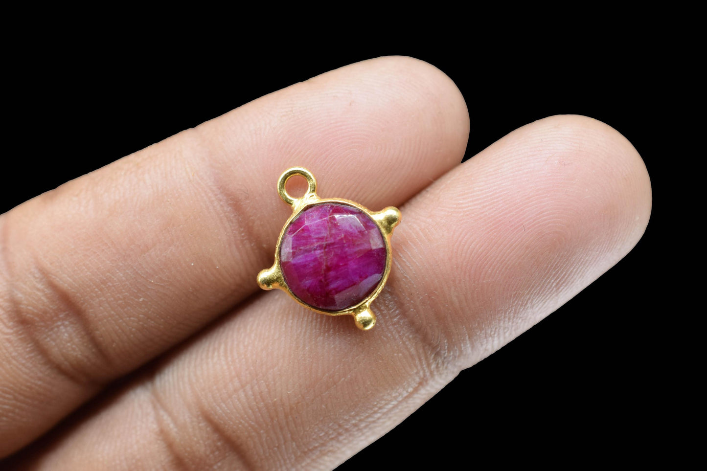 Ruby Pendant/Gemstone Component/Necklace Pendant/Round Shape Charm/Single Bail Charms/Wholesale Supply/Gold Plated Jewellery/B'day Gift