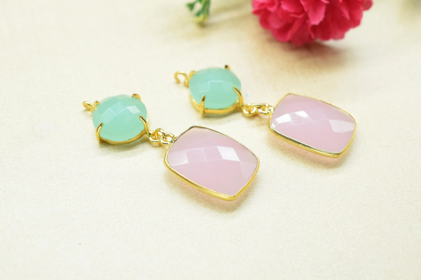 Aqua Chalcedony Prong Setting Bezel Charm/Handmade Pendant/Multi Stone Pendant/Station Bezel Link/Rose Quartz Connector/Earring Connector