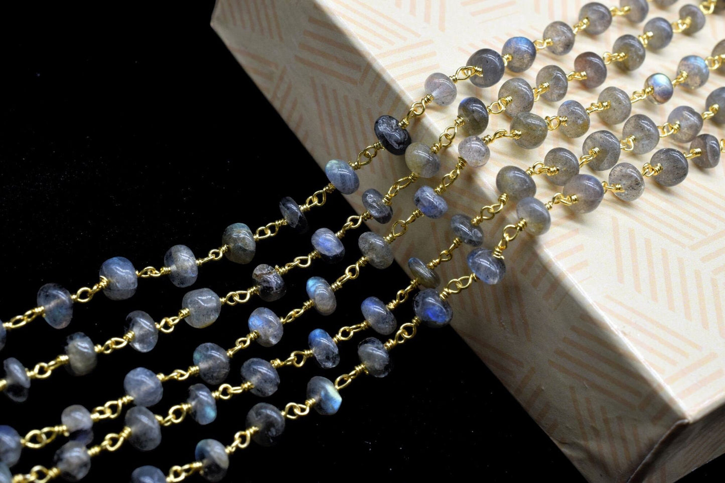 Labradorite 6mm Smooth rondelle Beaded Chain,Labradorite Gold Rosary Chain,Gemstone Chains By the Foot for Rosary Necklace,Rosary Roll Bulk