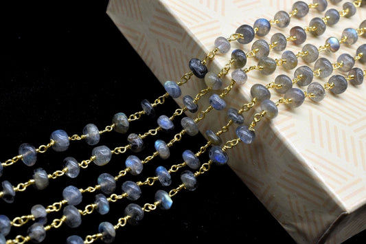 Labradorite 6mm Smooth rondelle Beaded Chain,Labradorite Gold Rosary Chain,Gemstone Chains By the Foot for Rosary Necklace,Rosary Roll Bulk