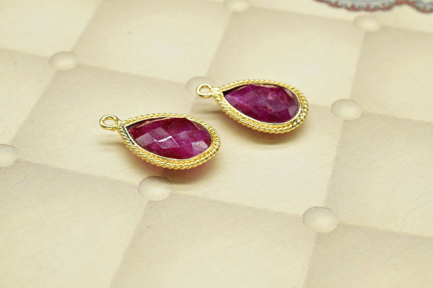 Ruby Gemstone 10x14mm Bezel charm,Ruby Connectors and Bezels,Ruby fancy pendant,Ruby Gold Plated Single Bail Handmade jewelry making charms