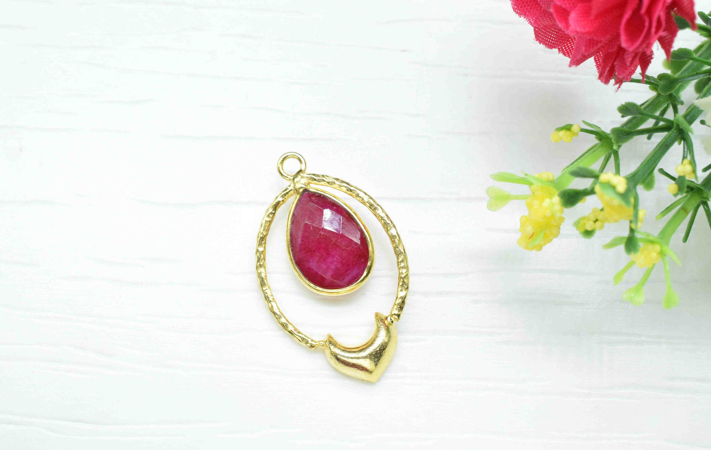Ruby  Pear Shape Pendant , Ruby  Handmade Pendant , Multi Gemstone Charms , Gold Plated Gemstone Connectors , Summer Collection , B'day Gift
