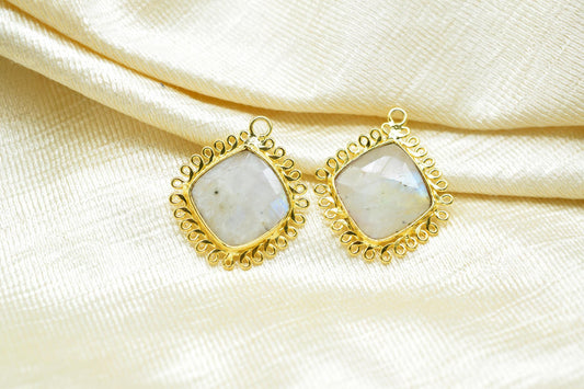 Moonstone 14mm Cushion Bezel Charms,Gemstone Single Bail,Component charm,Handmade Jewellery Connectors,Boho Pendant Charm,Wholesale Jewelry