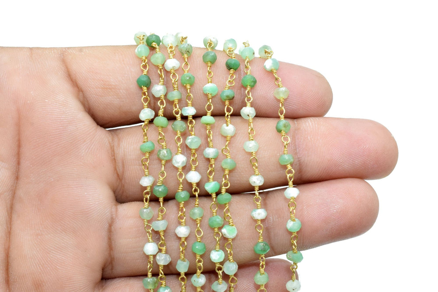 Chrysoprase 3mm Beaded Chain,Gemstone Gold Plated Wire Wrapped Rosary Chain In Brass, beaded Rosary Chains, Handmade Jewelry Making Chains