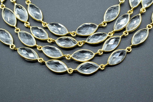 Crystal Quartz Bezel Chain I Handmade Bezel Link Chain I Clear Quartz Gold Plated Bezel Chain IBrass Chain,Gemstone Connector Chain Per Foot