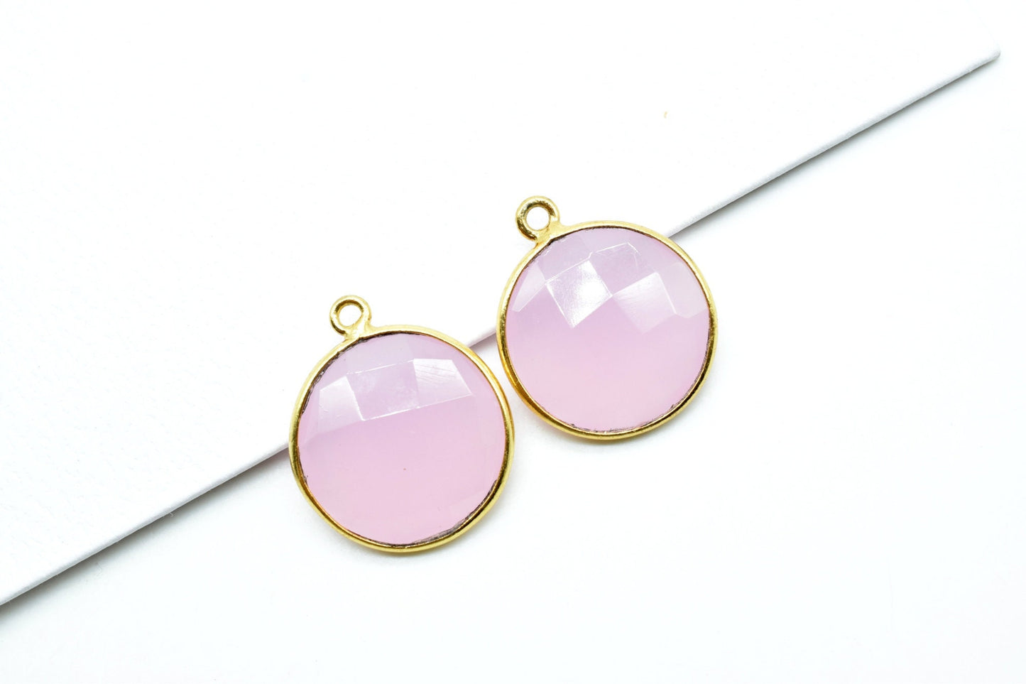 Rose Quartz 16mm Round Bezel charm,Brass Gold Plated bezel,Pink chalcedony Pendantchalcedony handmade charm,Pink chalcedony coin shape charm