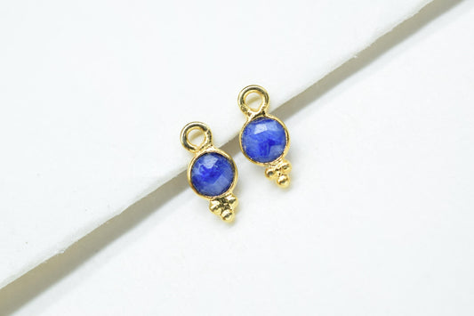 Blue Sapphire Charms Connector/Handmade Jewelry/Gold Plated Connector/Tiny Pendant/Blue Sapphire Pendant/Round Shape Connector/B'day Gift