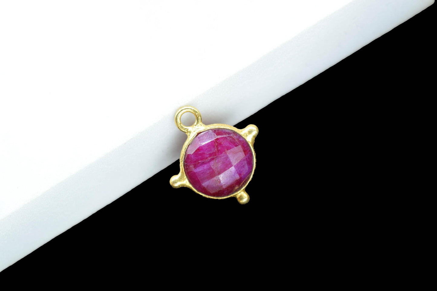Ruby Pendant/Gemstone Component/Necklace Pendant/Round Shape Charm/Single Bail Charms/Wholesale Supply/Gold Plated Jewellery/B'day Gift
