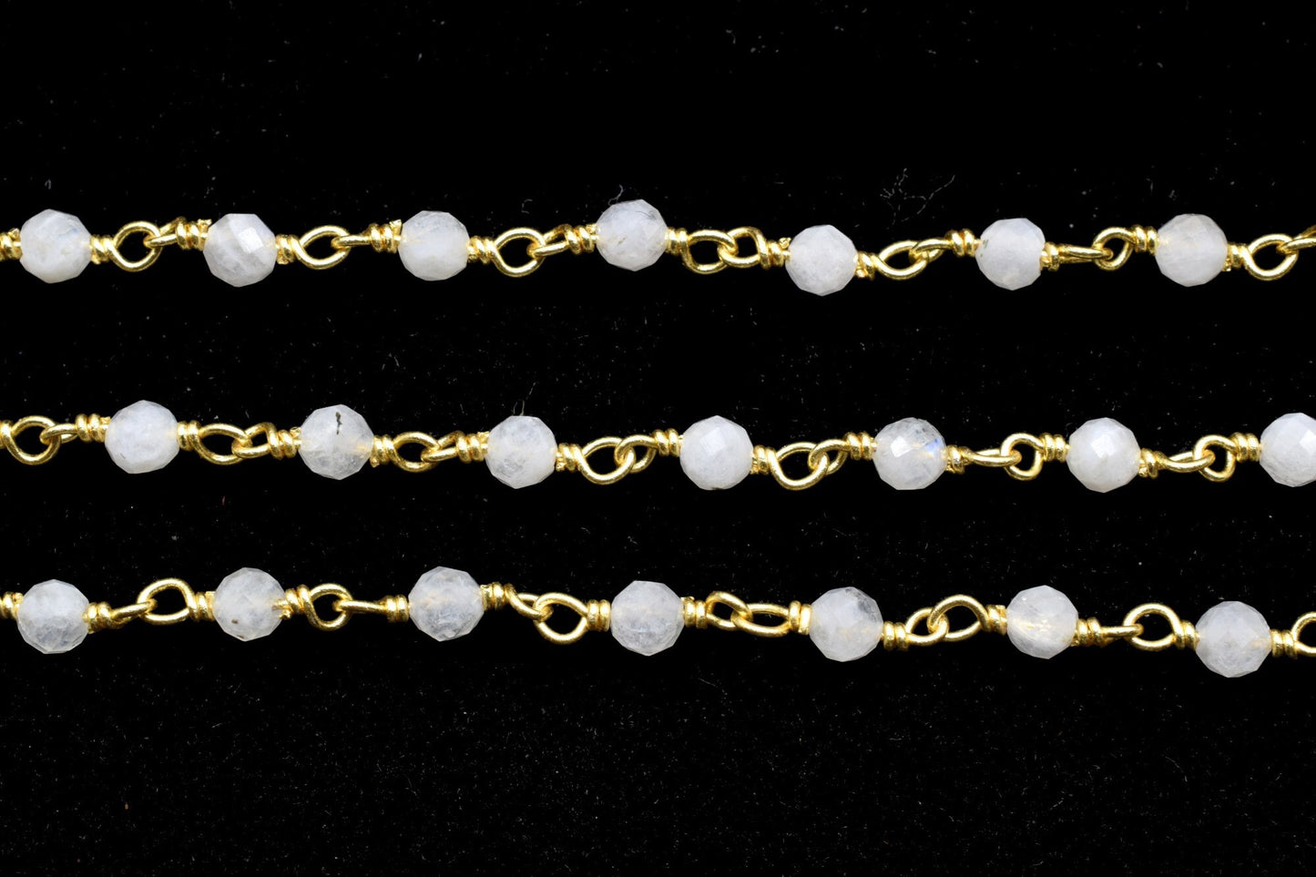 Moonstone 3mm Beaded Chain,Rainbow Moonstone Wire Wrapped Beaded Chain -Gold Rosary Style Chain -BuY in BULK,Rosary Chain,Brass Gold Plating