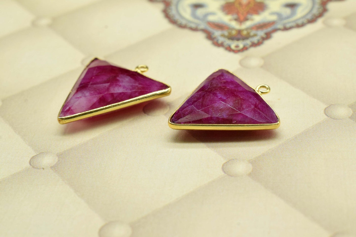 Ruby 20mm trillion Shape Charm,Dyed Ruby Faceted trillion Shape Connector,Bezel trillion Shape Connector,Ruby Single Flat Bail links,Ruby