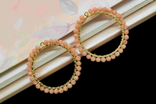 Peach Moonstone Wire Wrapped Dangle Connector, Beaded Hoop Earring,Circle Pendant Component,Handmade Earring,Finding Component Peach Jewelry